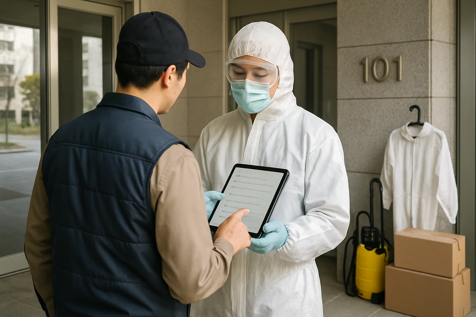 아파트 현관 앞에서 태블릿의 견적 체크리스트를 함께 확인하는 관리자와 청소 담당자